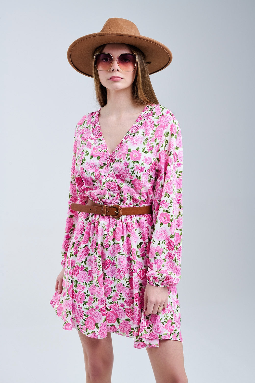 Floral V-Neck Dress with Pink Blooms and Green Accents - Dresses