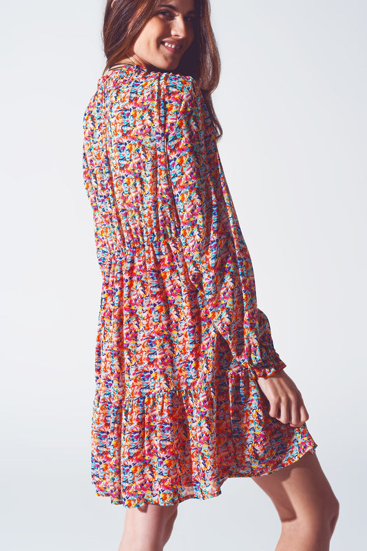 Floral V Neck Mini Dress in Multicolour - Dresses