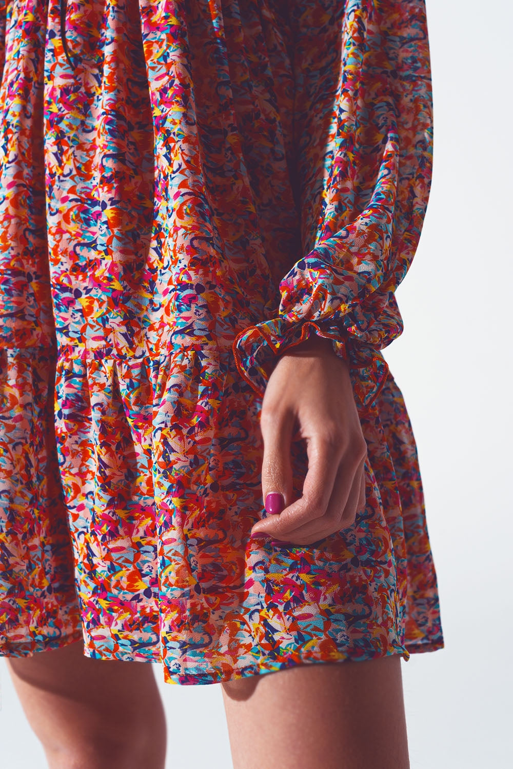 Floral V Neck Mini Dress in Multicolour - Dresses