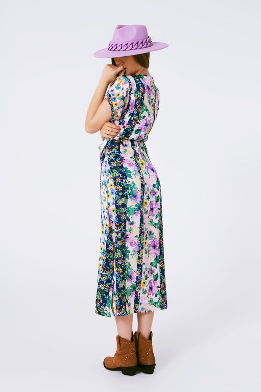 Flower Print Front Knot Maxi Dress in Purple and Green Multicolour - Dresses