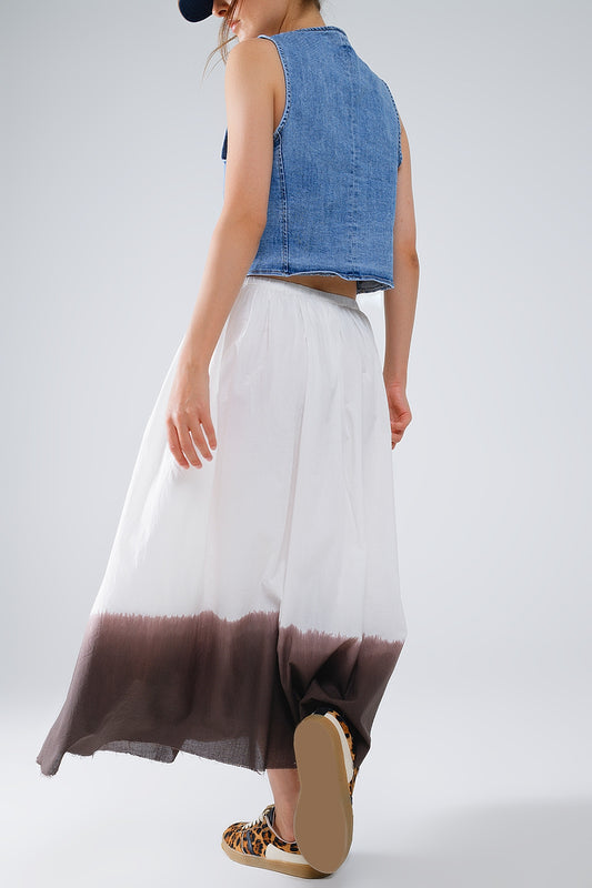 Flowy Drop Waist White Skirt With Brown Ombre Detail - Skirts