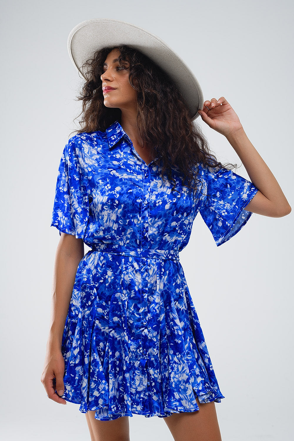 Flowy Short Shirt Dress With Angel Sleeves in Blue Abstract Print - Dresses
