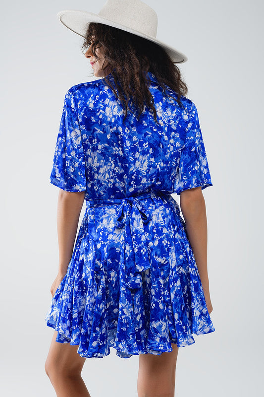 Flowy Short Shirt Dress With Angel Sleeves in Blue Abstract Print - Dresses