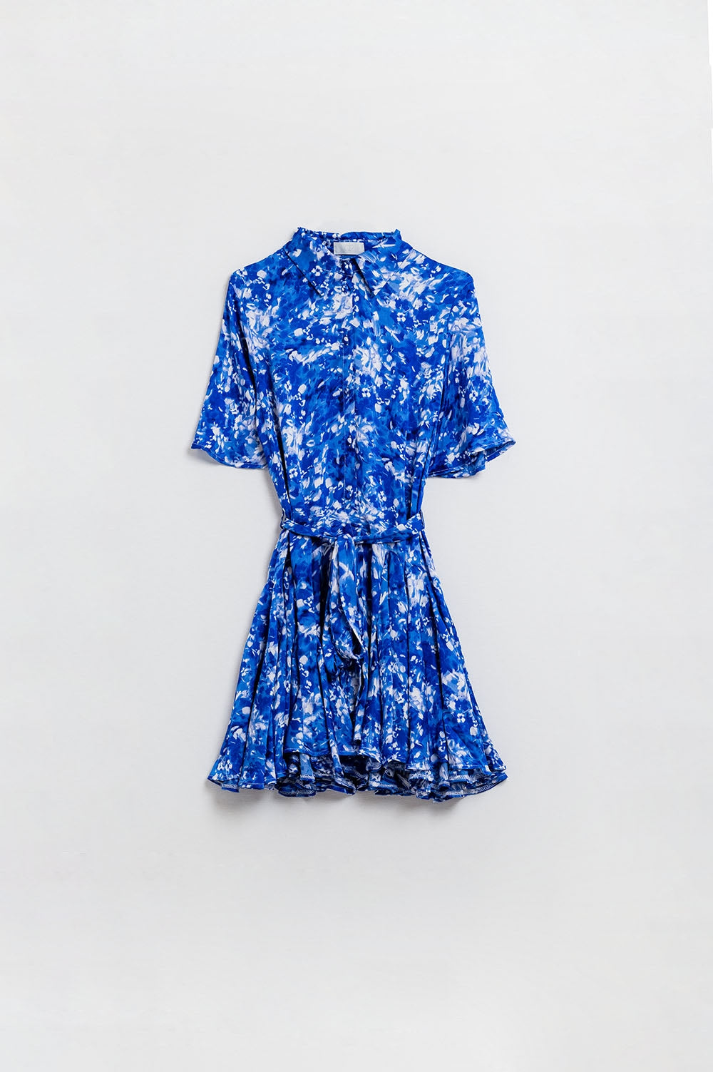 Flowy Short Shirt Dress With Angel Sleeves in Blue Abstract Print - Dresses