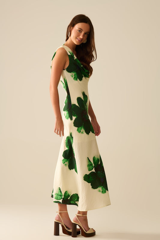 Flowy sleeveless Green maxi dress with floral print - Dresses
