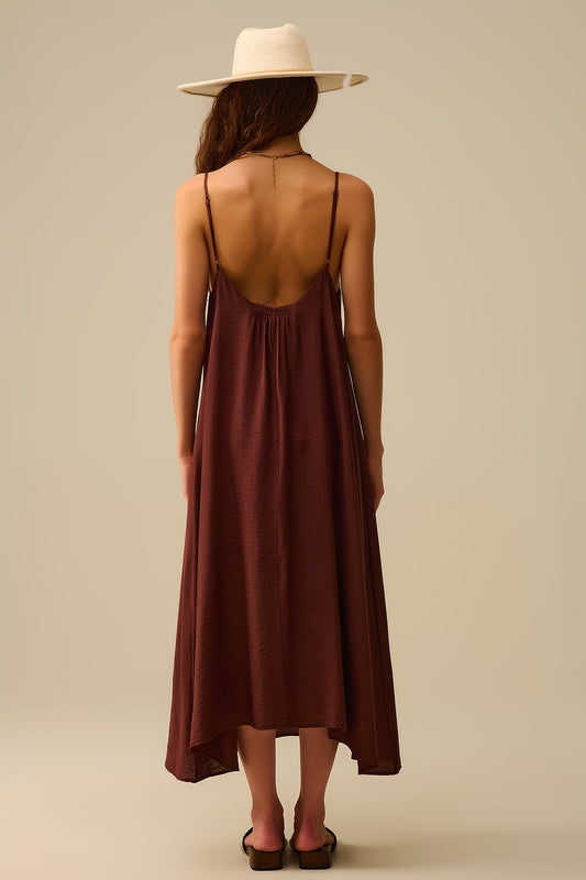 Flowy Spaghetti Strap Maxi Brown Dress - Dresses
