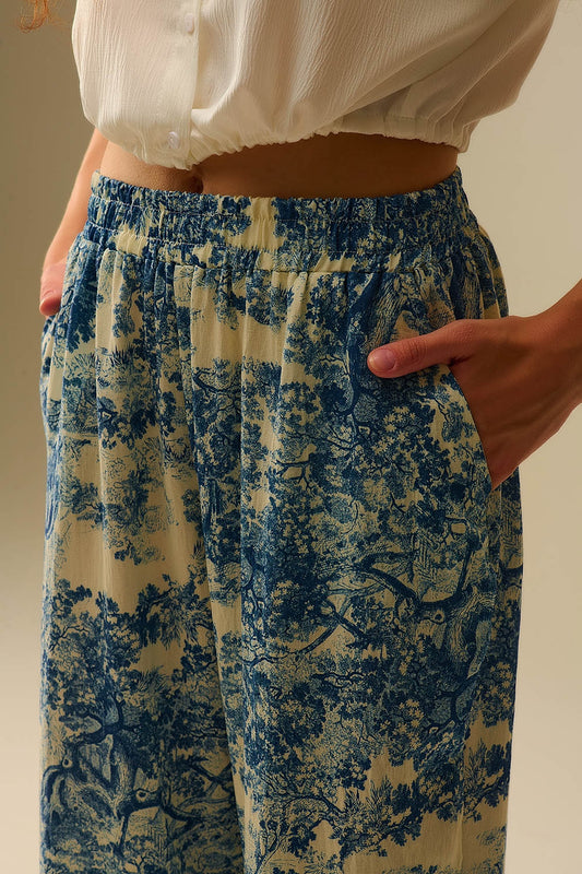 Flowy Toile de Jouy Printed Trousers with Elastic Waist - Pants