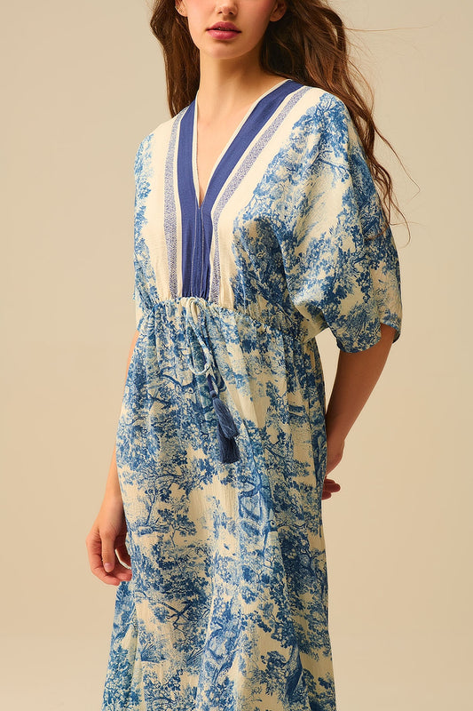 Flowy V-neck Dress with Toile de Jouy Print - Dresses