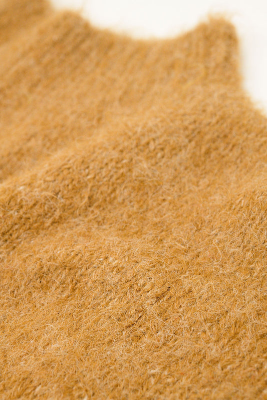 Fluffy camel sweater with high neck and balloon sleeves - Jumpers