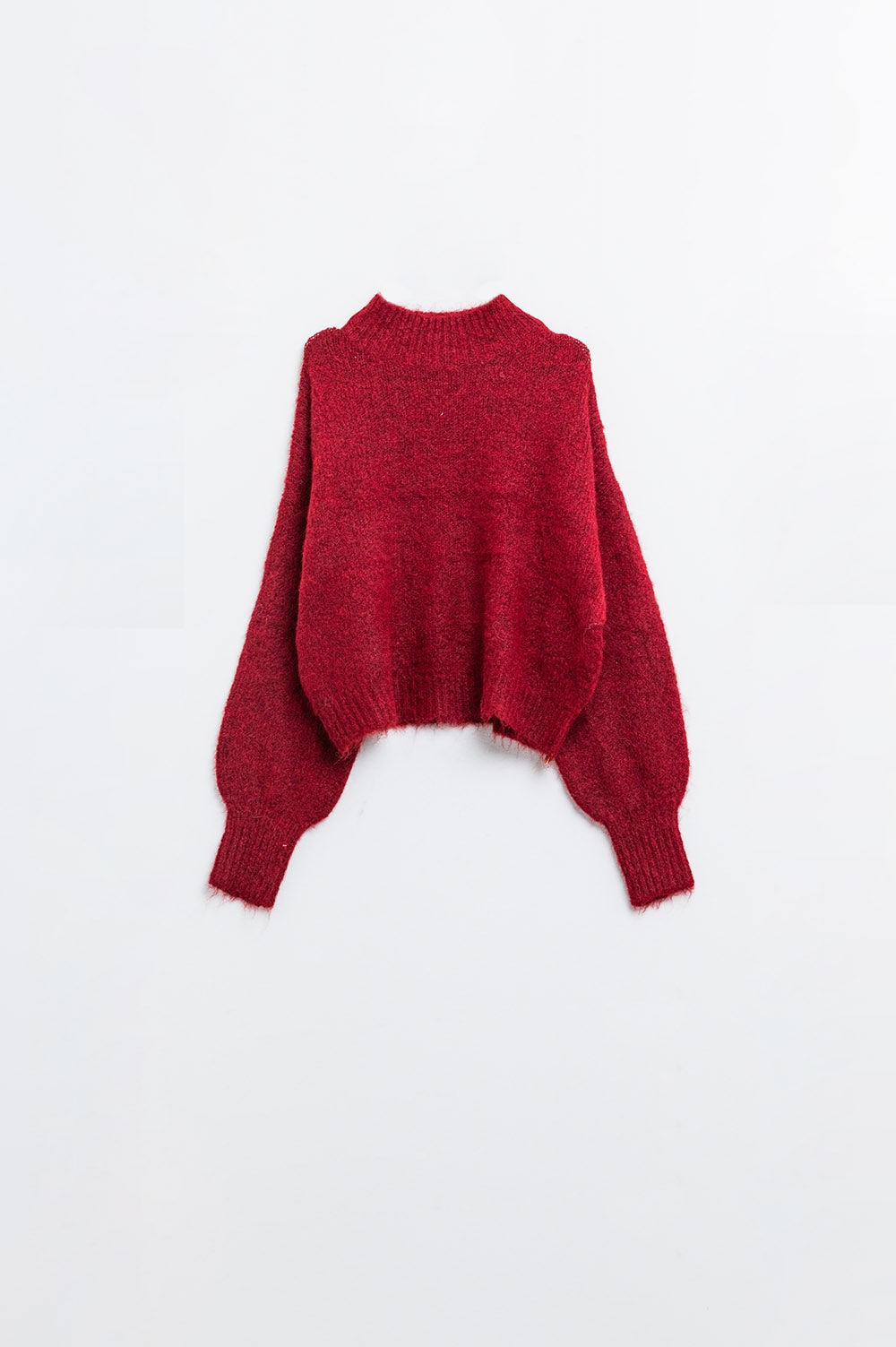 Fluffy red sweater with high neck and balloon sleeves - Jumpers