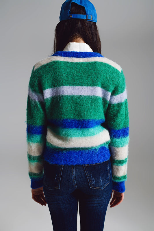 Fluffy Stripy Sweater in Shades of Blue Green and White. - Jumpers
