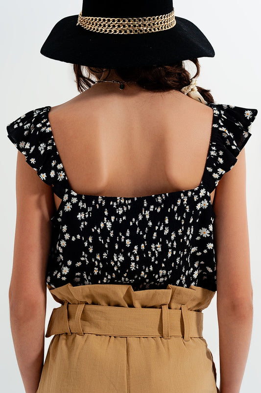 Frill strap cami top in black ditsy floral print - Tops