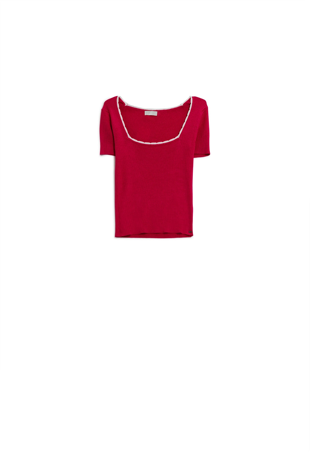 Fuchsia Knitted Short Sleeve Sweater With Square Neck and White Trim - Sweaters