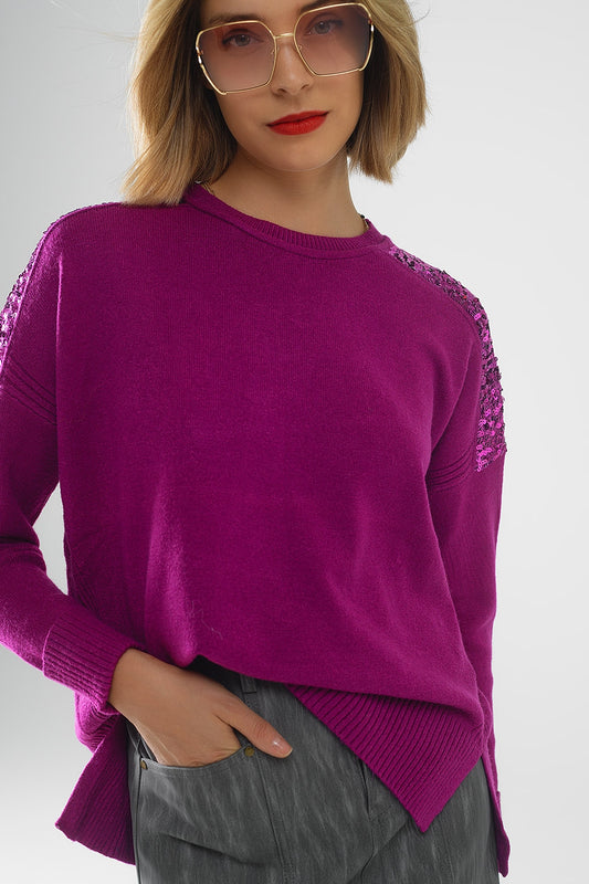 fuchsia Long Sleeves Sweater With Sequins on The Shoulders - Sweaters