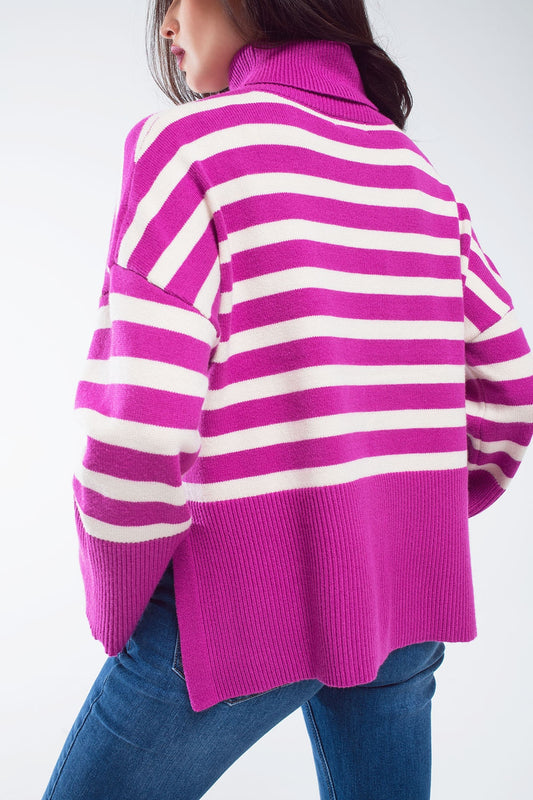 Fuchsia oversized trutleneck sweater with white stripes and splits on the side - Sweaters