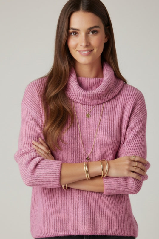fuchsia ribbed knit sweater with a roll neck -