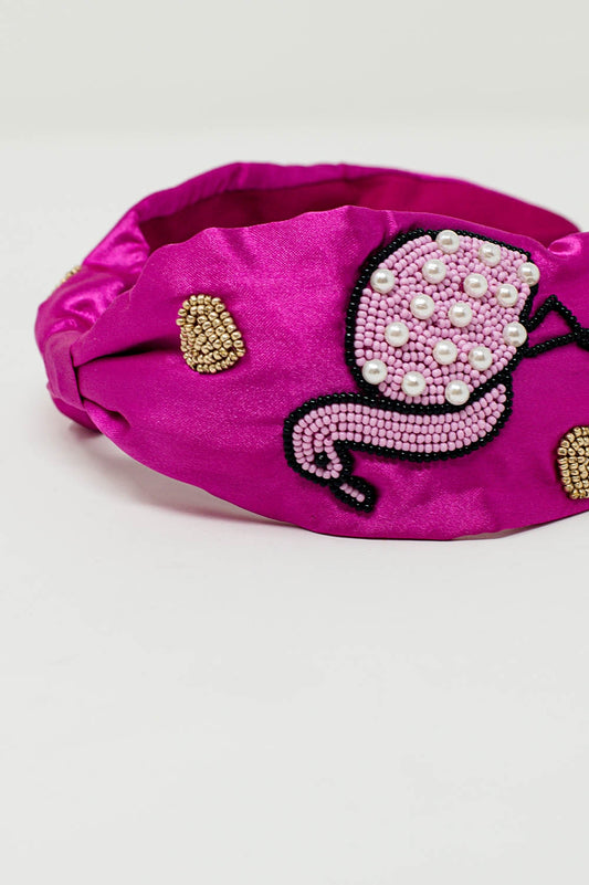 Fuchsia Satin Headband with Embroidered Flamigos - Headbands