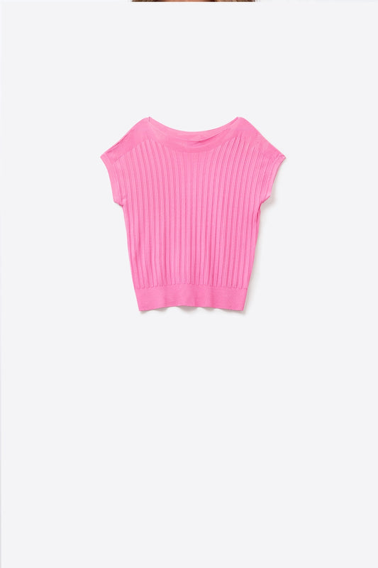 Fucshia fine Rib knitted Sweater with boat neck - Sweaters
