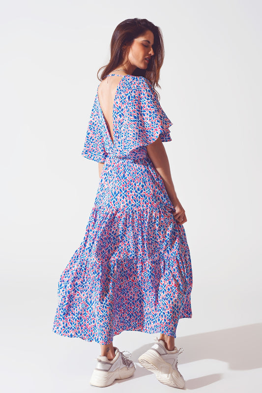 Full Length Dress With Open Tie back in Purple Print - Dresses