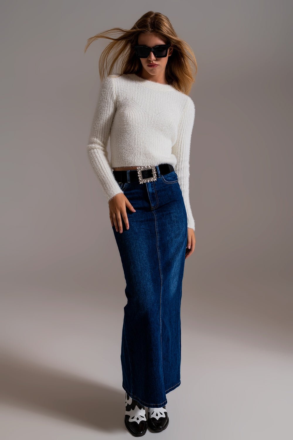 Full Length Stretch Denim 90's Skirt in Dark Wash - Skirts
