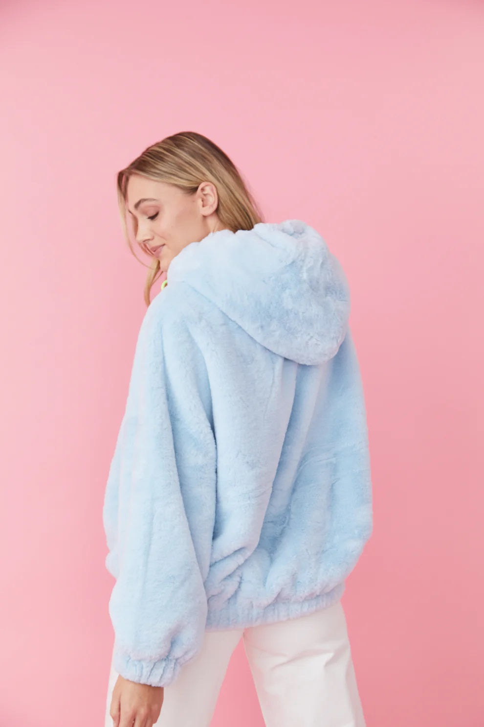 Faux Fur Oversized Light Blue Hoodie - Sweaters