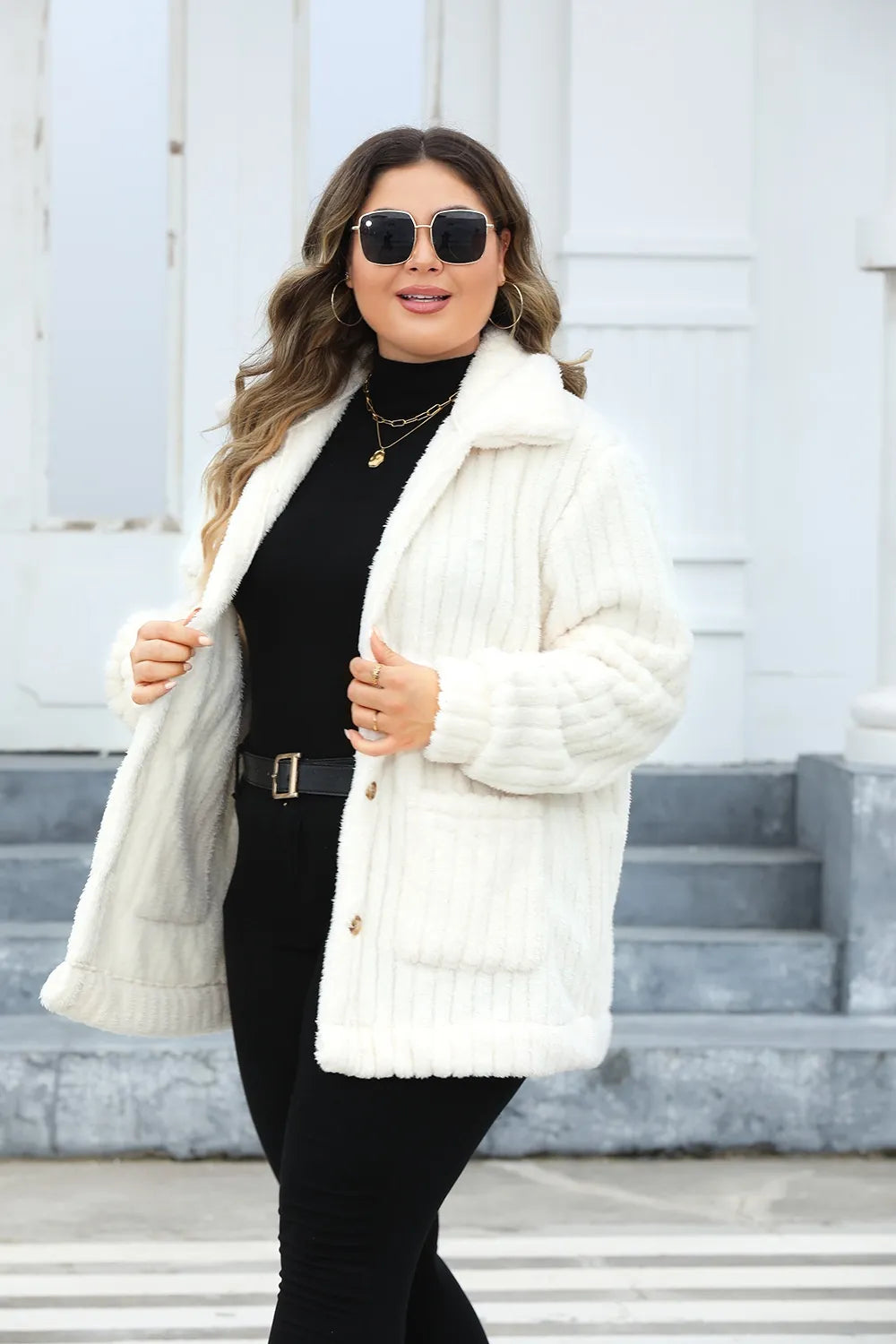 Plus Size Fuzzy Collared Neck Long Sleeve Jacket - Coats & Jackets