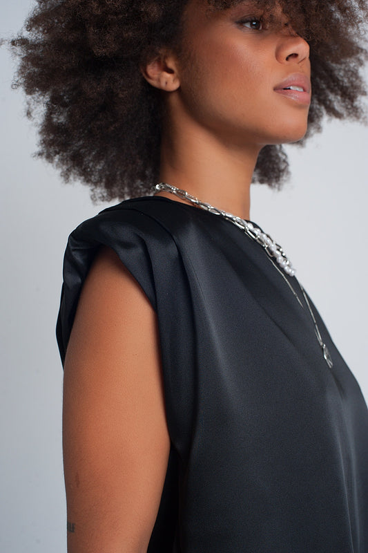 Gathered satin shoulder pad sleeveless top in black - Tops