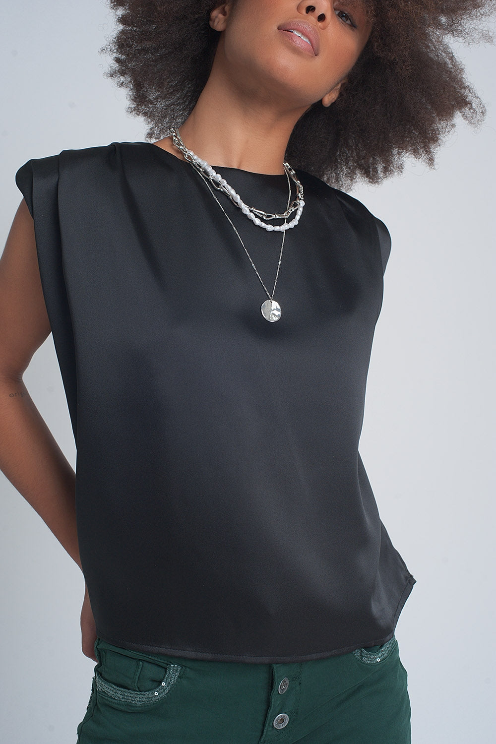 Gathered satin shoulder pad sleeveless top in black - Tops