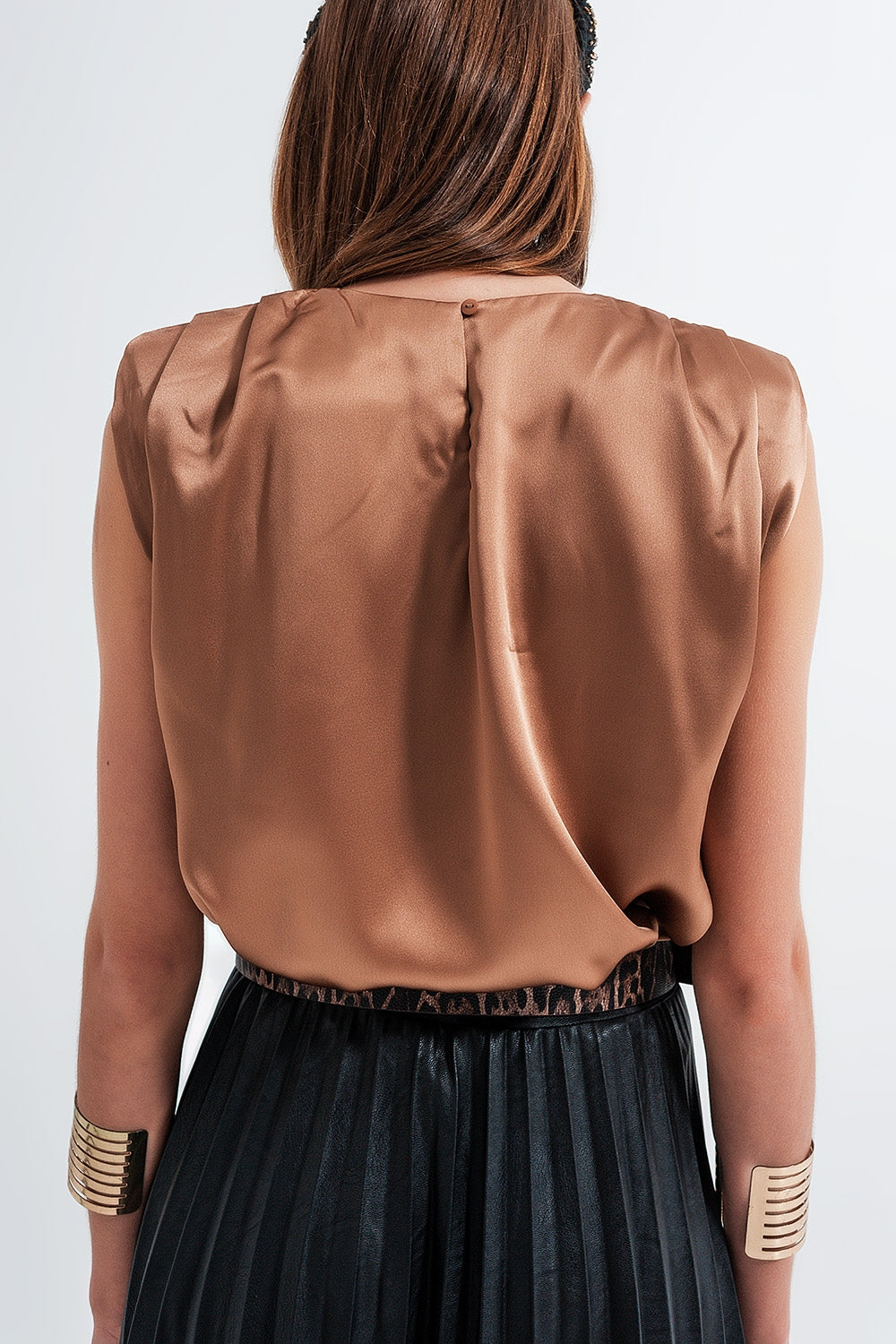 Gathered satin shoulder pad sleeveless top in gold - Sleeveless Tops