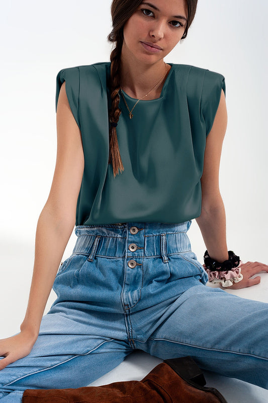 Gathered satin shoulder pad sleeveless top in green - Tops