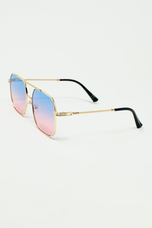 gold square frame sunglasses in ombre light blue with pink - Sunglasses