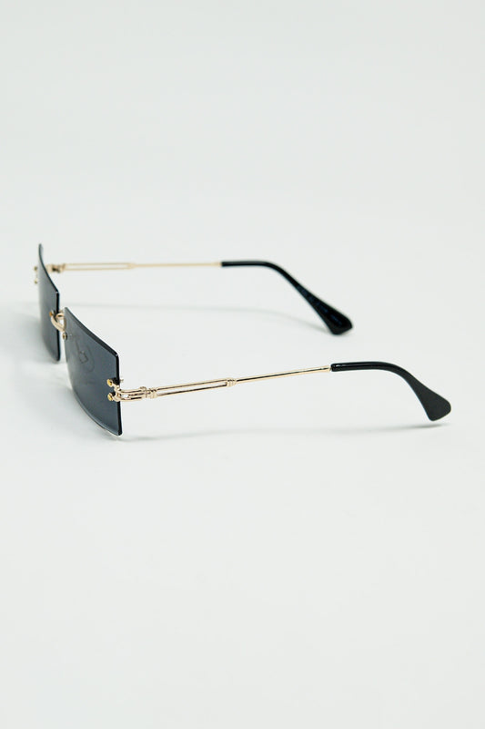 Gold Thin Rimless Square Sunglasses With Black Lenses - Sunglasses