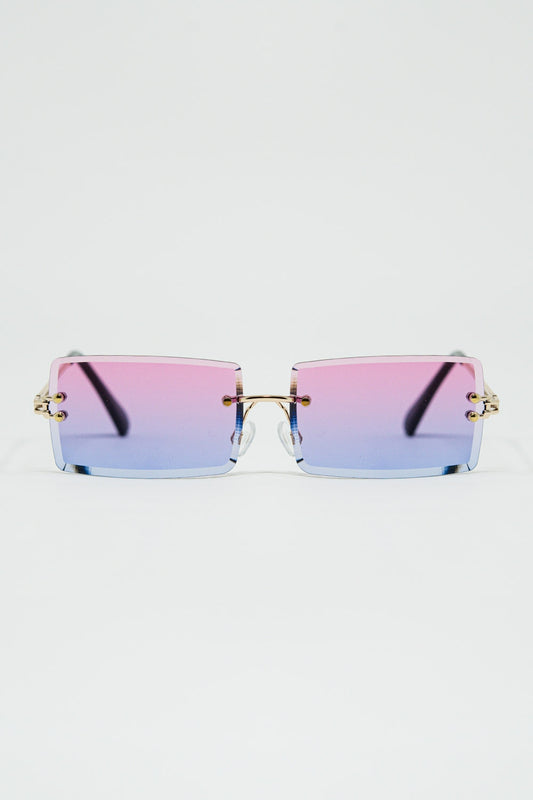 Gold Thin Rimless Square Sunglasses with Purple to Pink Gradient Lenses - Sunglasses