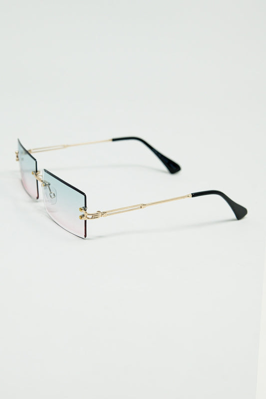 Gold Thin Rimless Square Sunglasses with Turquoise and Pink Gradient Lenses - Sunglasses