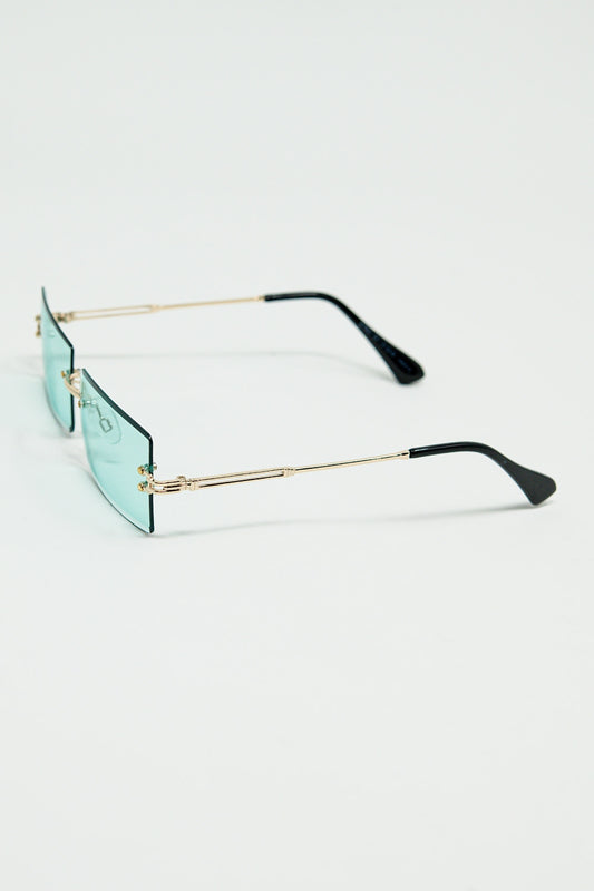 Gold Thin Rimless Square Sunglasses with Turquoise Lenses - Sunglasses
