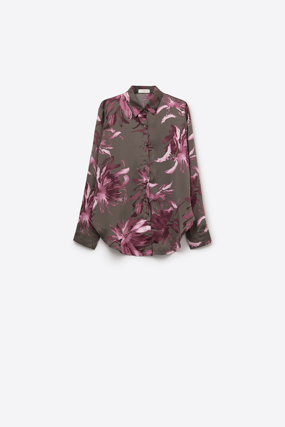 Gray Floral Print Satin Shirt with Buttons - Shirts