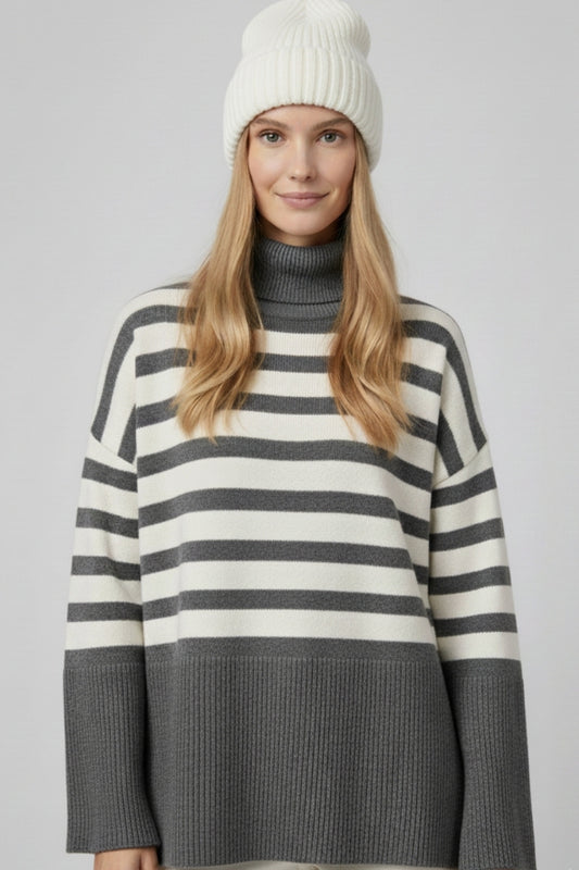 Gray oversized turtleneck sweater with white stripes and splits on the side -