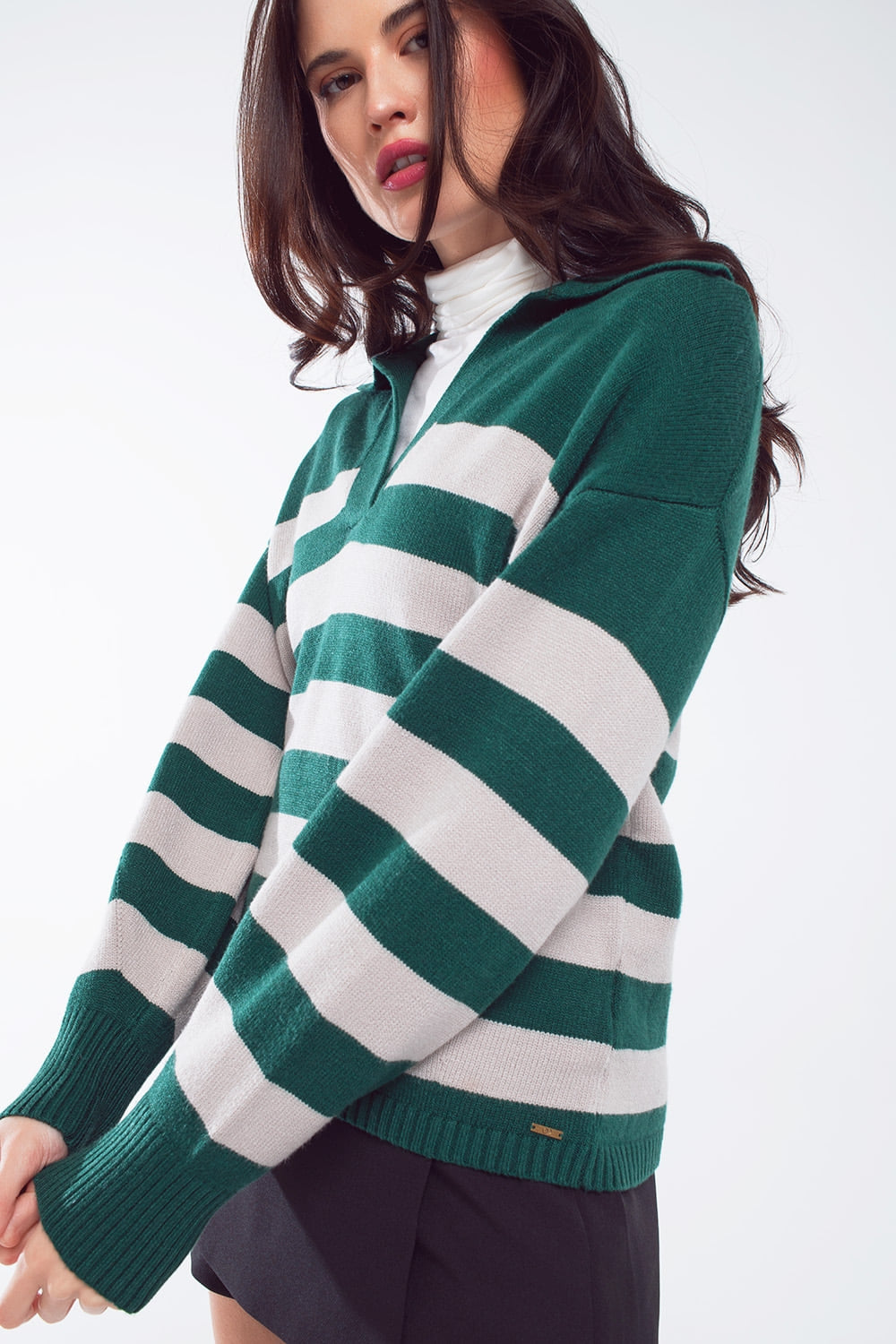 Green and white striped sweater with V neck and polo collar - Polos
