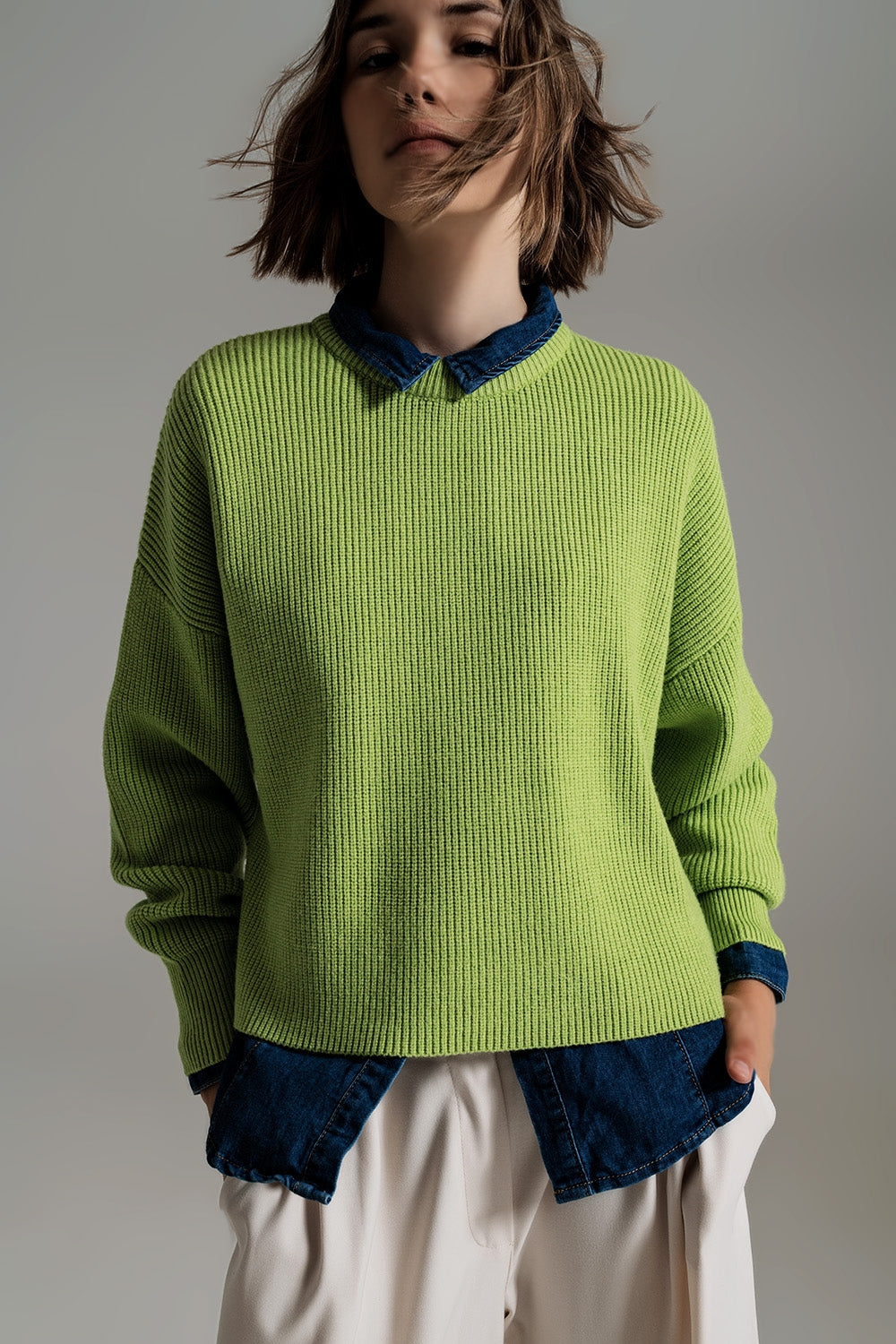 green chunky knitted relaxed Jumper - Jumpers