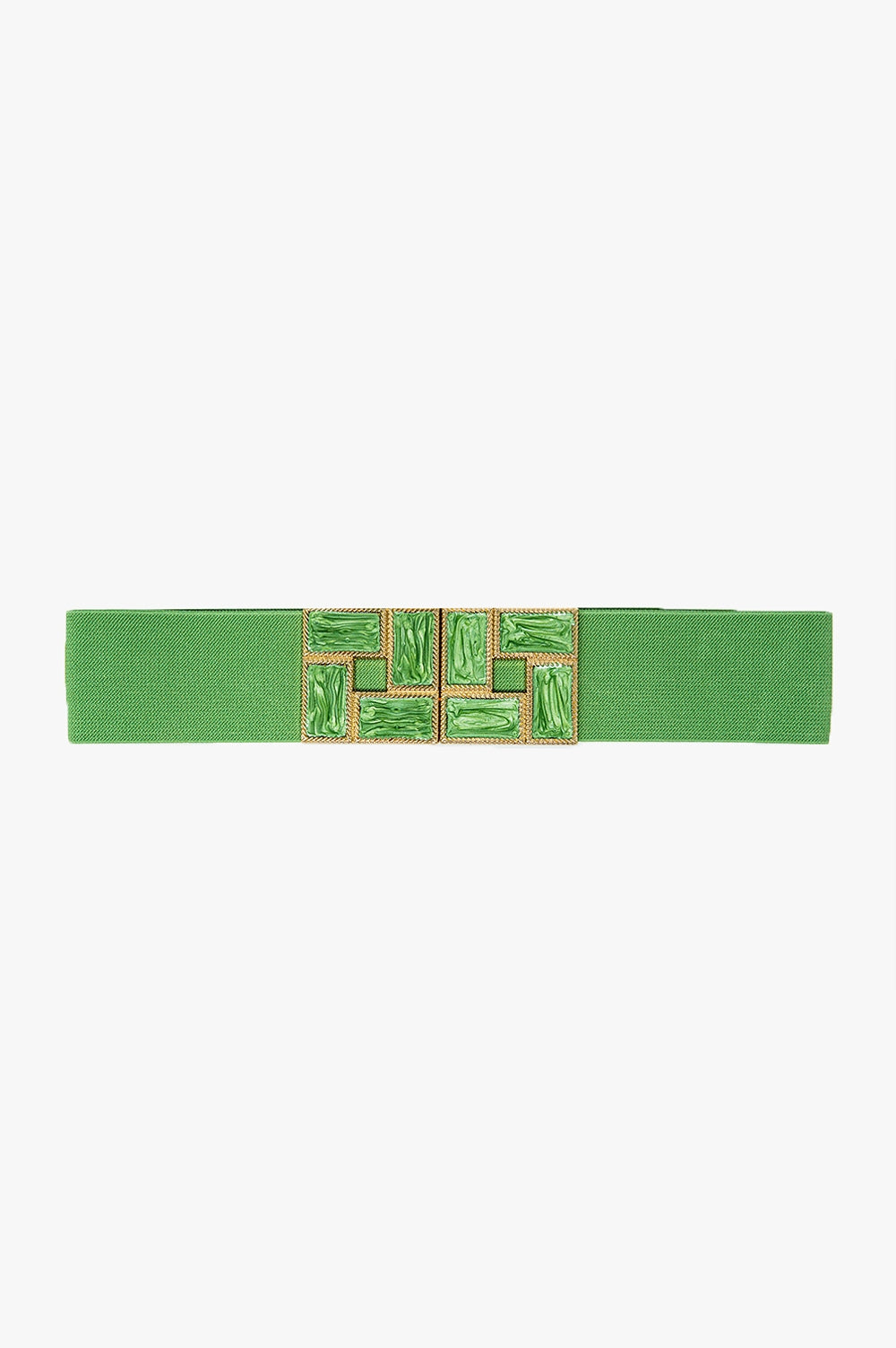 Green Elastic Belt With Squared Marbled Buckles And Gold Details - Belts