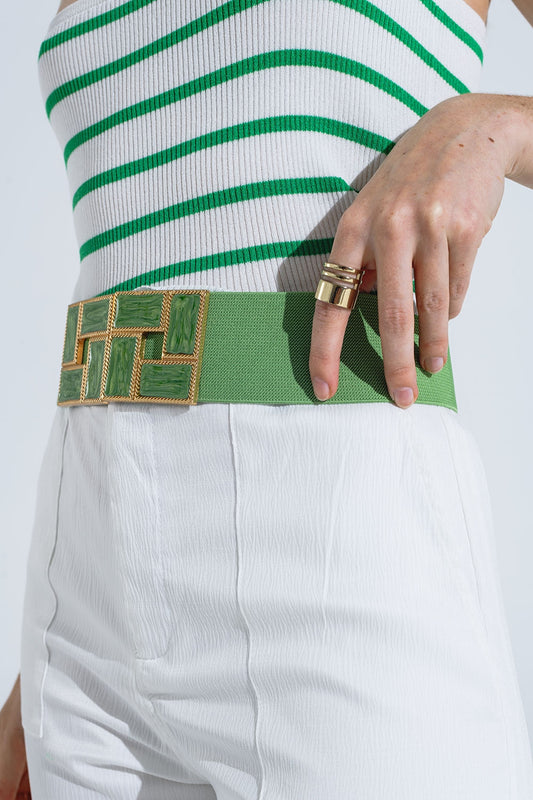 Green Elastic Belt With Squared Marbled Buckles And Gold Details - Belts