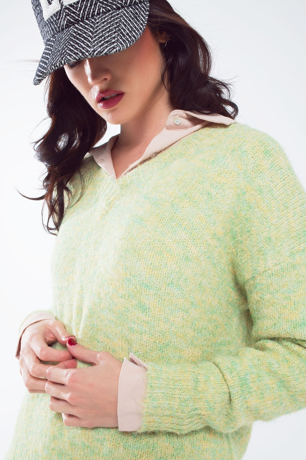 Green fluffy knit sweater with V-neck - Jumpers