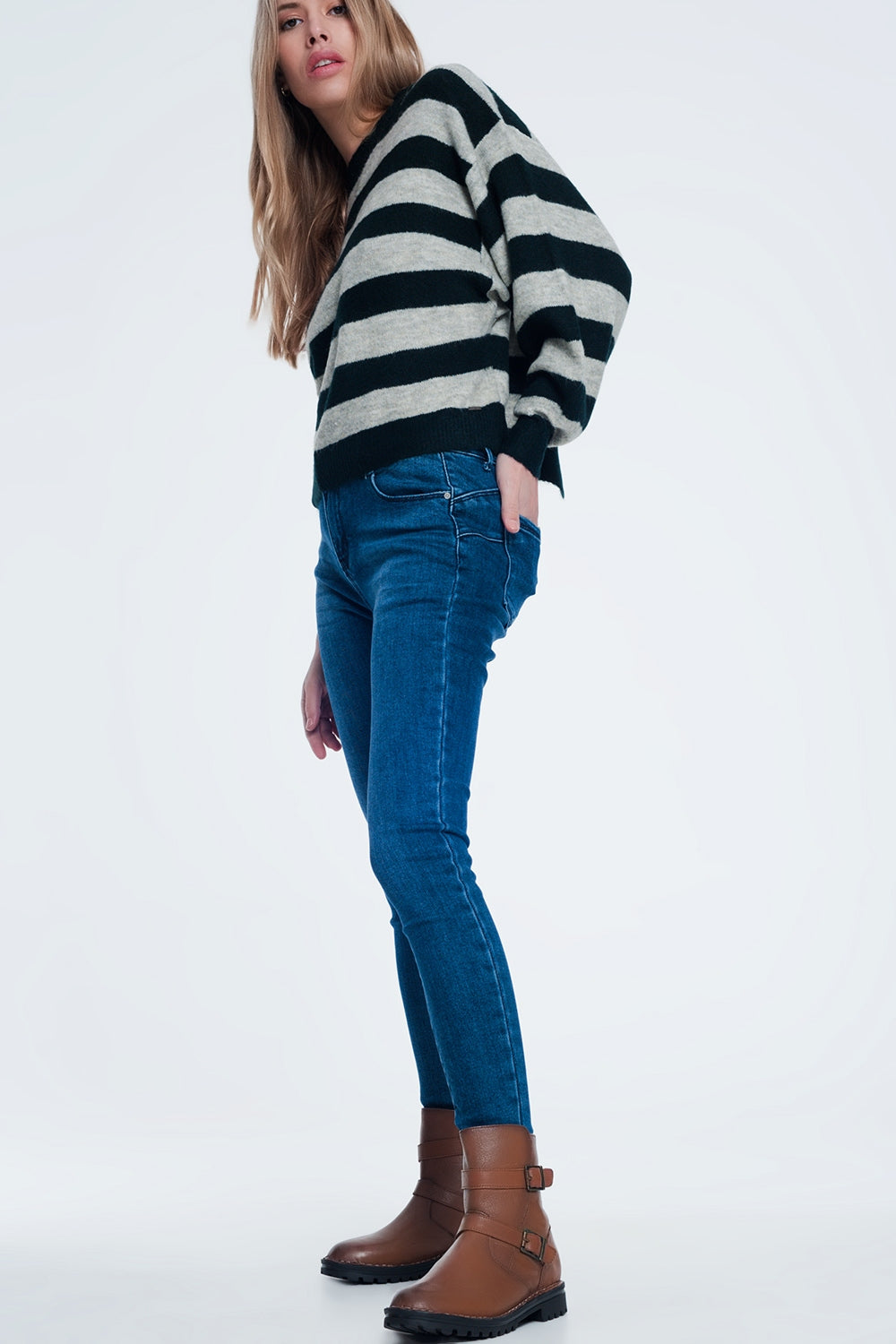 Green knitted sweater with grey stripes - Jumpers