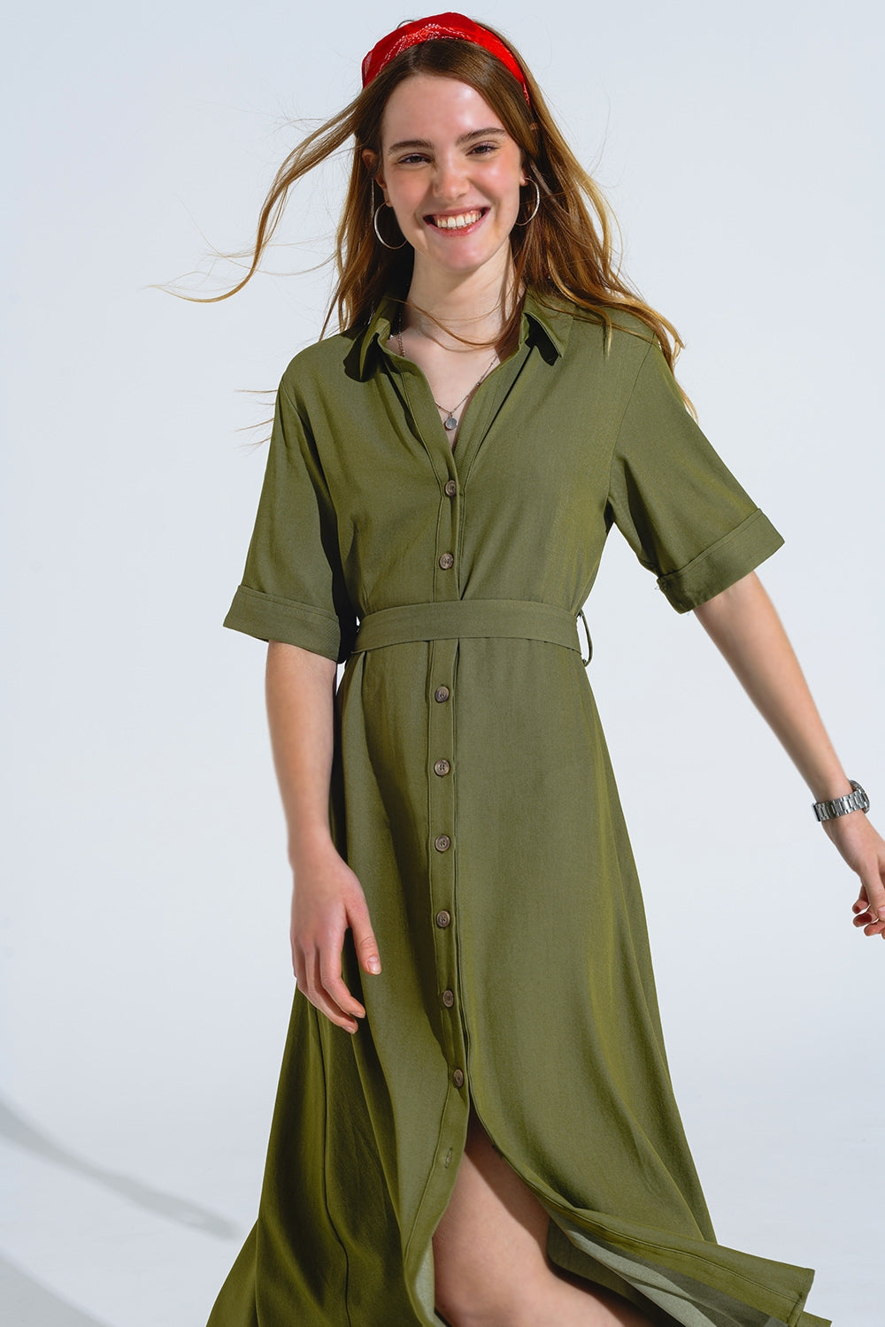 Green Maxi Shirt Dress With Polo Collar - Dresses