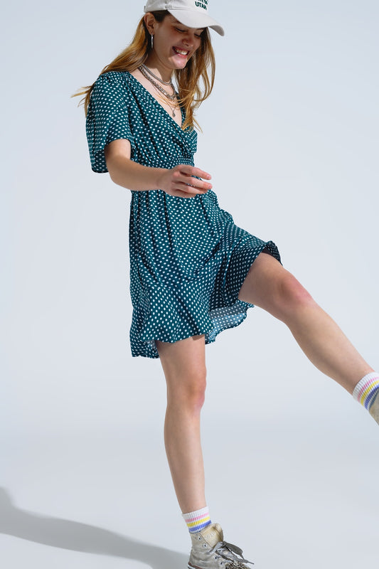 Green Mini Dress With Wrap Front Cinched Waist And Floral Print - Dresses