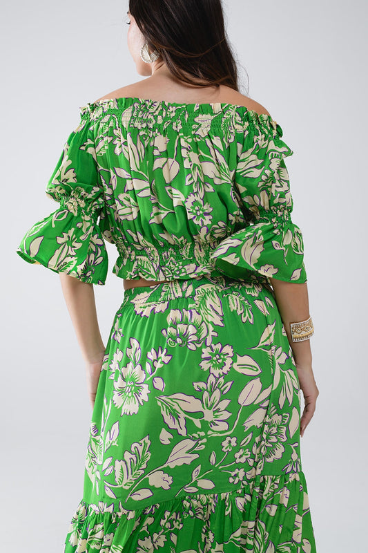 Green Off The Shoulder Top With Elastic Waist in Floral Print - Tops