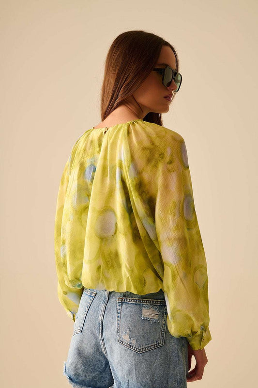 green printed chiffon blouse with balloon sleeves - Blouses