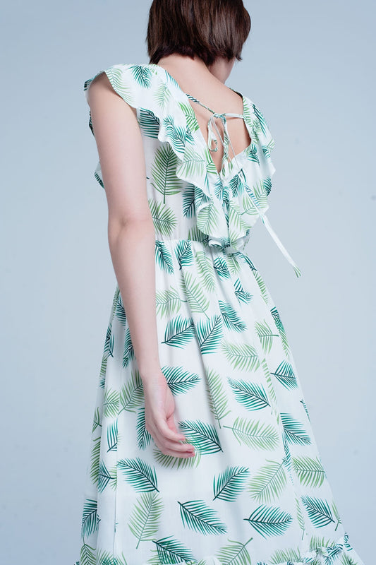 Green Printed Midi Dress with Ruches - Dresses