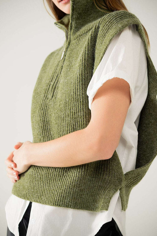Green sleeveless turtleneck sweater with zipper closure - Jumpers