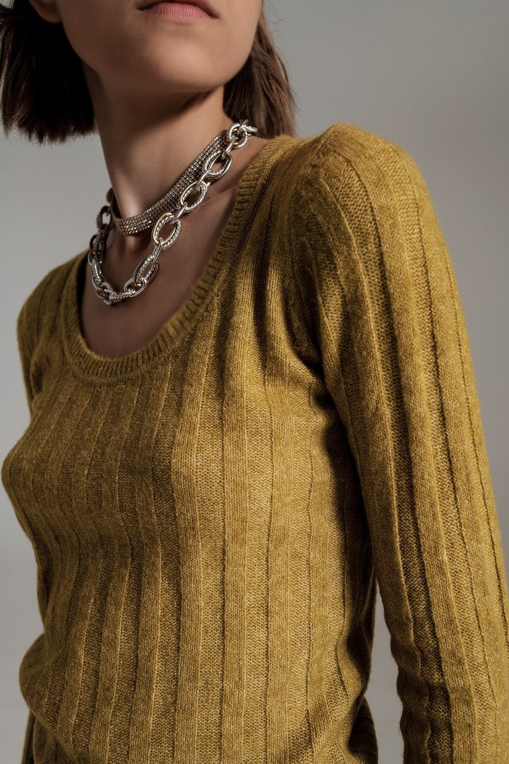 green wide neck ribbed knit sweater - Jumpers